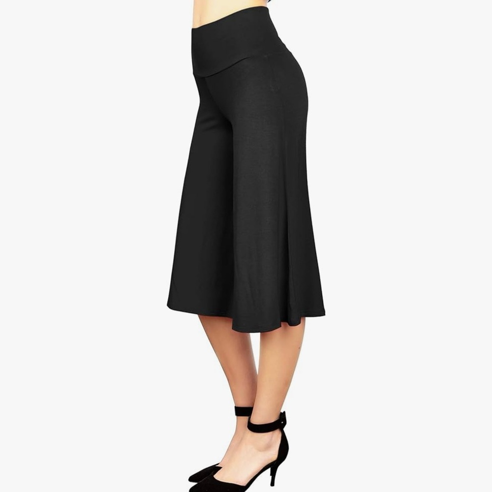 Women's High Elastic Waistband Wide Leg Palazzo Culotte Gaucho Capri Pants - Picture 2 of 3